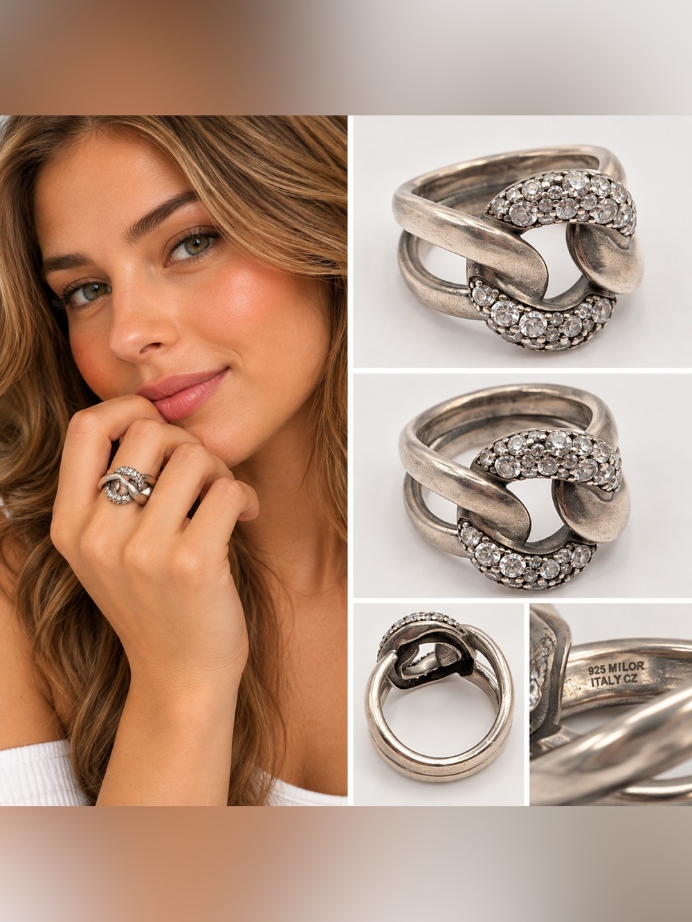 Milor Italy Sterling Silver 925 CZ Sculptural Swirl Statement Ring Size 6.5